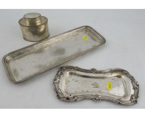 A Sheffield plate oval tea caddy, engraved with a crest, together with a Sheffield plate snuffer tray and an EPNS rectangular