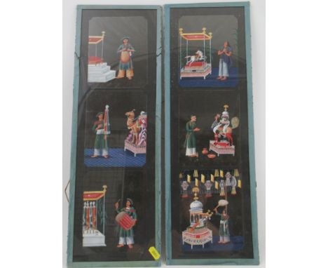 Two x Three hand painted coloured and mounted celluloids, of household servants in various domestic situations, 5.5ins x 4.24