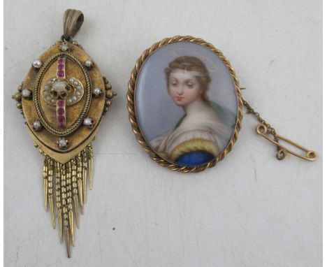 A Victorian pendant, set pearls and rubies with tassel drop, locket to reverse, together with a brooch set porcelain plaque b