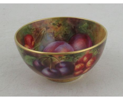 A Royal Worcester miniature sugar bowl, decorated inside and out with fruit to a mossy background by Townsend, diameter 2ins,