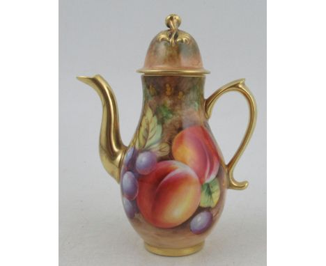 A Royal Worcester miniature coffee pot, decorated all around with fruit to a mossy background by Roberts, height 5.25insCondi