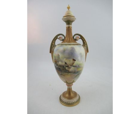A Royal Worcester vase, finely painted with a view of sheep in a landscape by Harry Davis with associated cover, shape no H24