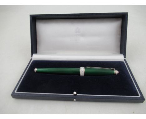An 18k white gold green striped enamel and diamond set fountain pen, London 2010, William Asprey, the nib stamped 18K 1750, t