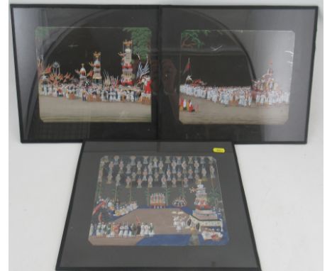 Three framed celluloids, of Indian households, 8ins x 9.25ins. These were acquired by Lt Col. Thomas Goddard during his time 
