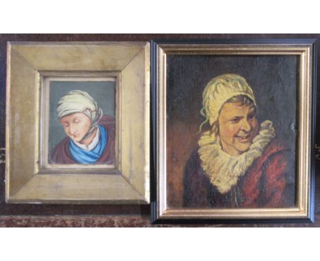A 19th century oil on board in the manner of Hals, portrait, monogrammed, 6.5ins x 5.5ins, inscribed verso, together with ano