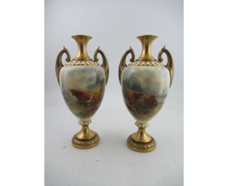 A pair of Royal Worcester vases, with full paintings of Highland cattle in a landscape by John Stinton, with vignettes to the