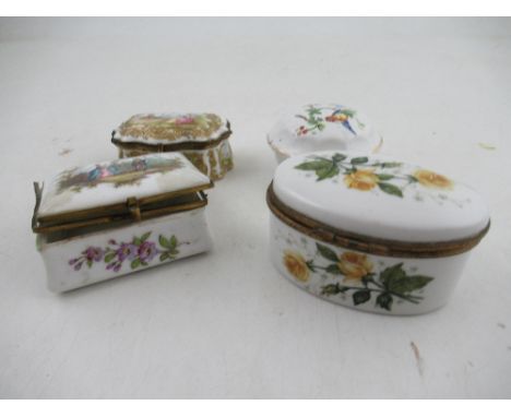 A continental snuff box decorated with a classical scene and flowers width 3.25ins ( broken and damaged) together with two ci
