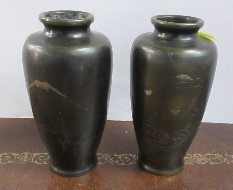 A pair of Japanese bronze vases, with inlaid decoration, height 6ins