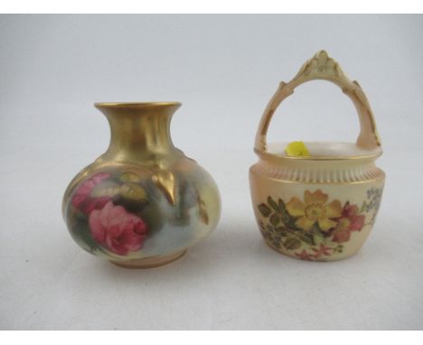 A Royal Worcester squat quarter lobe vase decorated with roses Shape No H 386 height 2.75ins together with a Royal Worcester 