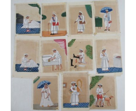 Eleven painted celluloids, of servants in various household situations, unframed,&nbsp;5.5ins x 4.25ins. These were acquired 