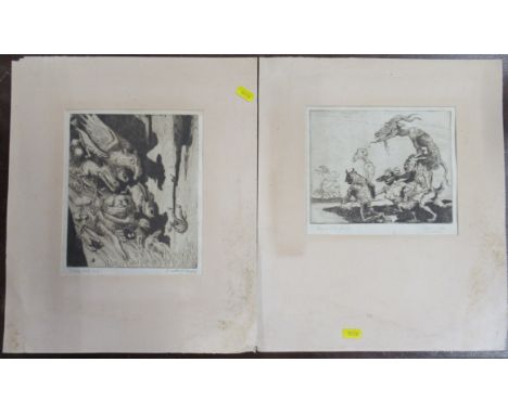Two Antique black and white etchings, both depicting devils, both signed in pencil, one signed R B Talbot Kelly, both unframe