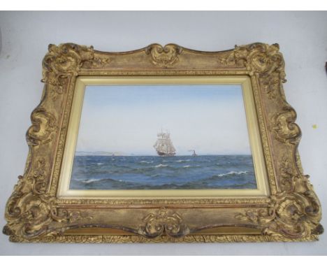 Patrick Downie, gouache , 'Light Breeze Passing the Cloch' , vessel and sail with steam ship and headland beyond, 12.5ins x 2