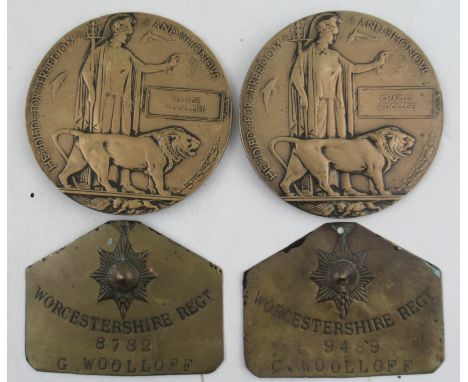 Two World War One Death Memorial Plaques or Death Pennies, by Edward Carter Preston, presented to the family of George Woollo