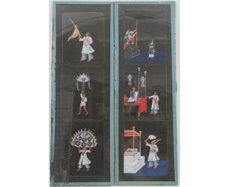 Two x Three hand painted coloured and mounted celluloids, of household servants in various domestic situations, 5.5ins x 4.24