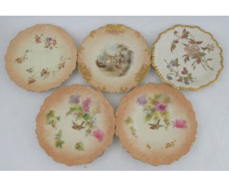A Grainger &amp; Co Worcester blush ivory plate, decorated with a view of Anne Hathaway's Cottage, together with a pair of Gr