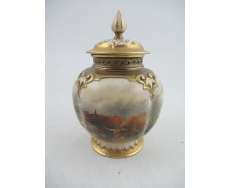 A Royal Worcester quarter lobe vase, decorated with Highland cattle, Shape No H278, with associated cover, height 5ins&nbsp;C
