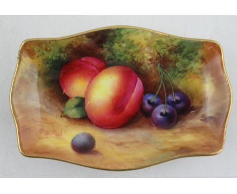 A Royal Worcester shaped rectangular dish, decorated with fruit to a mossy background by Moseley, 2.75ins x 4.25insCondition 