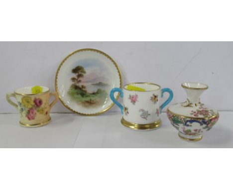 A miniature Royal Worcester blush ivory loving mug, dated 1901, together with a miniature Crown Staffordshire loving cup, cir