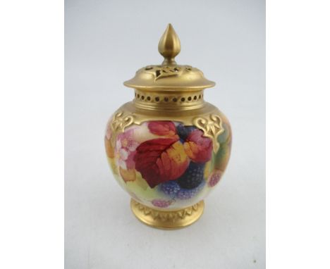 A Royal Worcester quarter lobe vase decorated with blackberries and autumn leaves by Kitty Blake with an associated cover sha