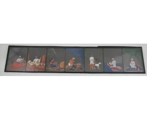 Seven hand painted coloured and mounted celluloids, of household servants in various domestic situations, 5.5ins x 4.24ins. T