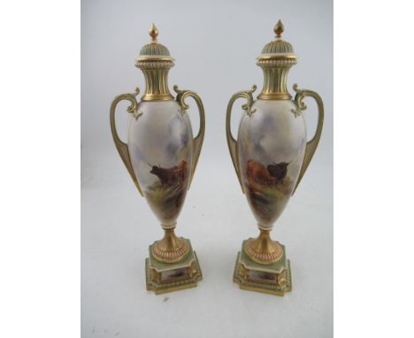 A pair of Royal Worcester covered slender vases, decorated with Highland cattle by H Stinton, raised on a short pedestal base