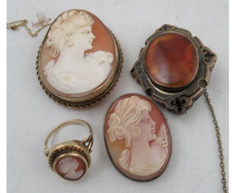 A yellow gold mounted oval cameo brooch, carved bust portrait of a lady, together with a gold cameo ring 9ct, a cameo brooch 