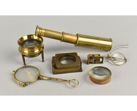 A Collection of Late 19th Century Brass Optical Items to include Miniature Telescope, Magnifying Glasses and Lorgnette