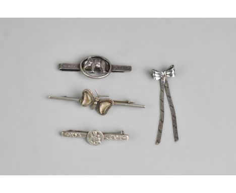 A Collection of Three Silver Brooches, Ribbon, Butterfly and St.Christopher Type together with a Tie Clip with Applied Elepha