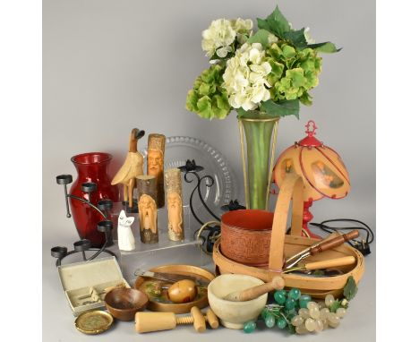 A Collection of Various Sundries to Comprise Wicker Trug, Flatware, Bottle Openers, Treen Duck, Carved Mask Head Logs, Glass 