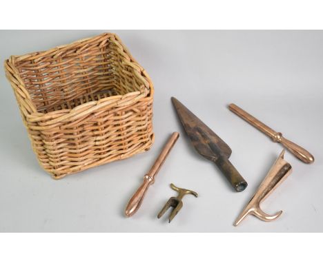 A Collection of Polished Gunmetal Items to include Hook and Spearhead, Latter 31.5cms Long, with Wicker Basket