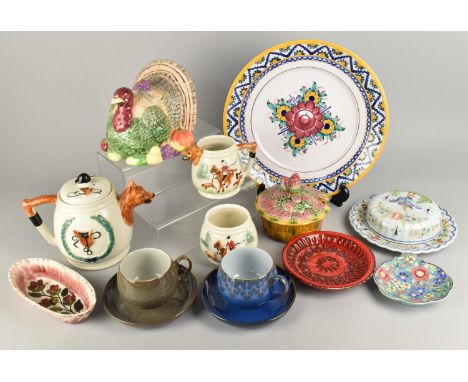 A Collection of Various Ceramics to Comprise Hunting Relief Three Piece Tea Service, French Longwy Dish, Majolica Pot, Turkey