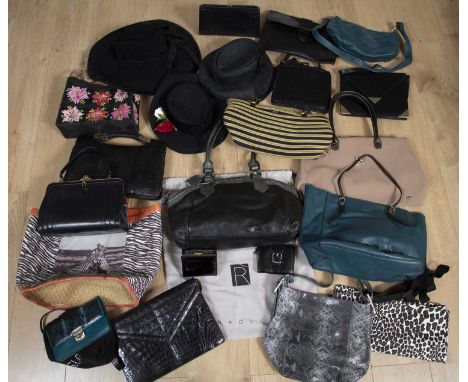 A collection of handbags, tote bags and evening bags to include an Aigner black leather handbag, a Radley dark green leather 