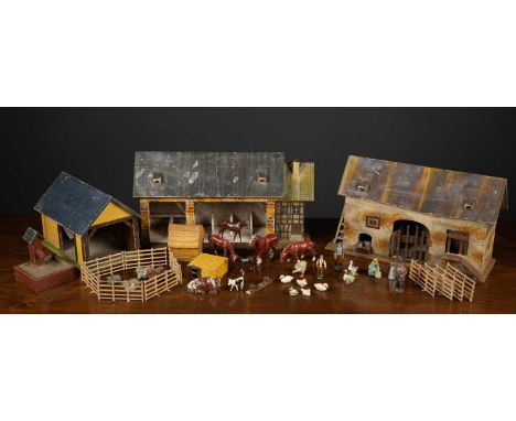A small collection of die-cast Britains farm animals to include horses, sheep, people, ducks, geese, fencing, metal pen and h