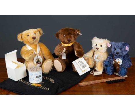A group of four modern Steiff bears of various colours, comprising two 1908-2008 Anniversary bears, one growling, and two Ste