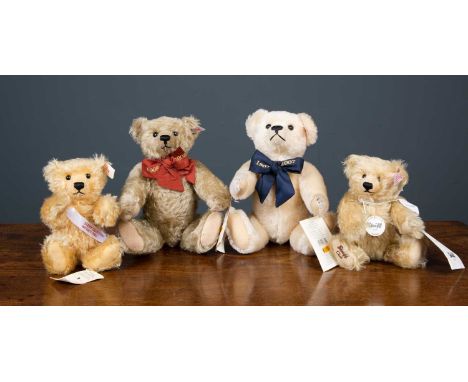 A group of four modern Steiff bears of various colours, two 1847-1997 Anniversary bears and two 2002 Steiff Club bears, with 