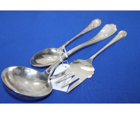 LOT OF SILVER PLATED ITEMSincluding a set of silver collared fish knives and forks, a soup ladle, flatware, a pair of grape s