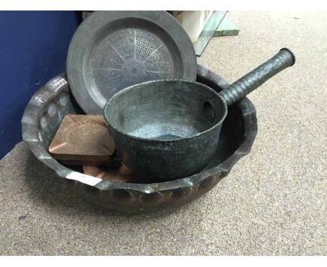 COPPER CIRCULAR PLANTER, BRONZED SAUCE PAN, AND OTHER METAL WARE including heavy Zambian copper ashtrays, with bowling club p