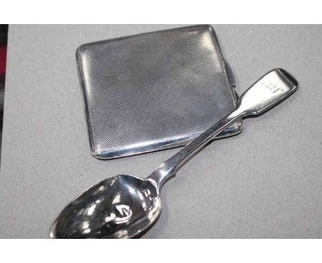 LOT OF SILVER ITEMS including an engine turned cigarette case, a Brandy decanter label, a William IV dessert spoon, a set of 