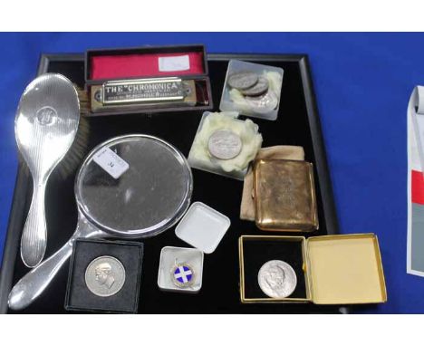 SILVER BACKED BRUSH AND HANDMIRROR, COLLECTION OF CROWNS, CHROMONICA IN BOX, SILVER ENAMEL MEDAL AND CIGARETTE CASE