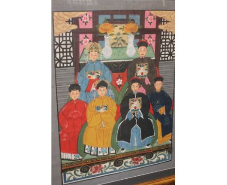Chinese school, a pair of ancestor portrait groups depicting seated figures, gouache, each 82cm by 65cm