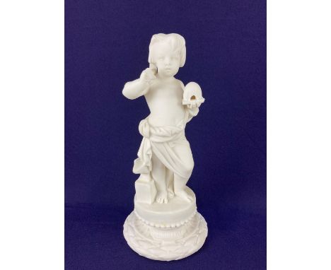 A Minton Parianware figure 'Industry' modelled as a child carrying tools, on column base, 23cm high