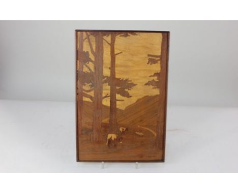 A specimen wood picture plaque of cattle in a woodland glade, signed Ashworth, reverse inscribed 'Under Tall Trees' with a li