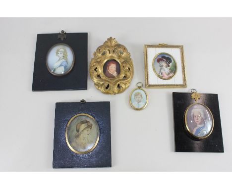 An oval portrait miniature of a gentleman, in carved and pierced giltwood frame, 4cm, together with five various others (two 