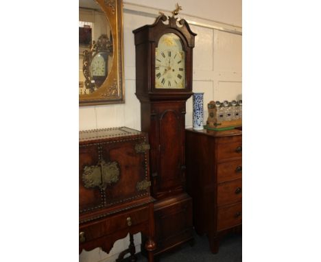A 19th century inlaid oak longcase clock, the domed 13inch painted dial, with Roman numerals, gilt floral spandrels, secondar