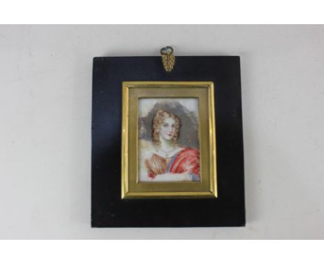 A 19th century rectangular miniature portrait of a lady, with brown eyes and brown ringlets, wearing a pearl necklace, 9cm by