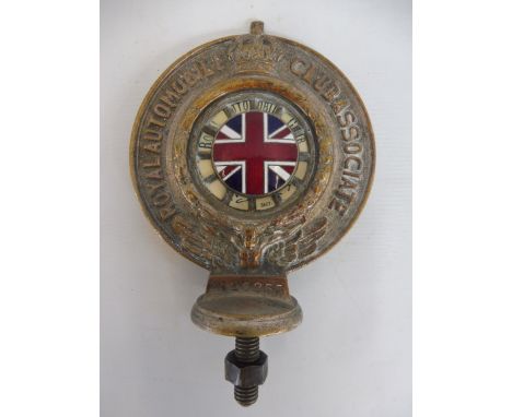 A Royal Automobile Club Associate car badge, worn nickel plated on brass, with good enamel union jack centre and celluloid di