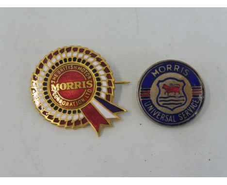 A Morris BMC enamel rosette lapel badge plus a Morris Universal Service badge. 