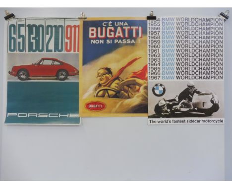 A BMW Archive 1999 reproduction poster, a second for Porsche and a third for Bugatti.