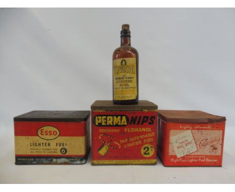 An Esso Lighter Fuel rectangular tin, two others and a glass Civicol lighter fuel bottle. 