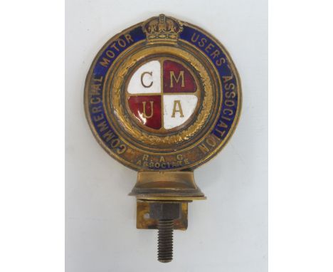 A Commercial Motor Users Association R.A.C. Associate brass and enamel car badge, no. 13625, some enamel damage to the blue b